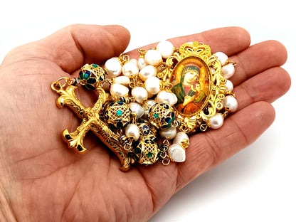 Our Lady of Perpetual Help unique rosary beads freshwater pearl and gold lattice rosary with gold plated Fleur de Lys crucifix.