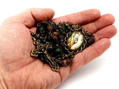 Saint Joseph and Child Jesus unique rosary beads dark olive wood and jasper gemstone rosary beads with bronze filigree crucifix.