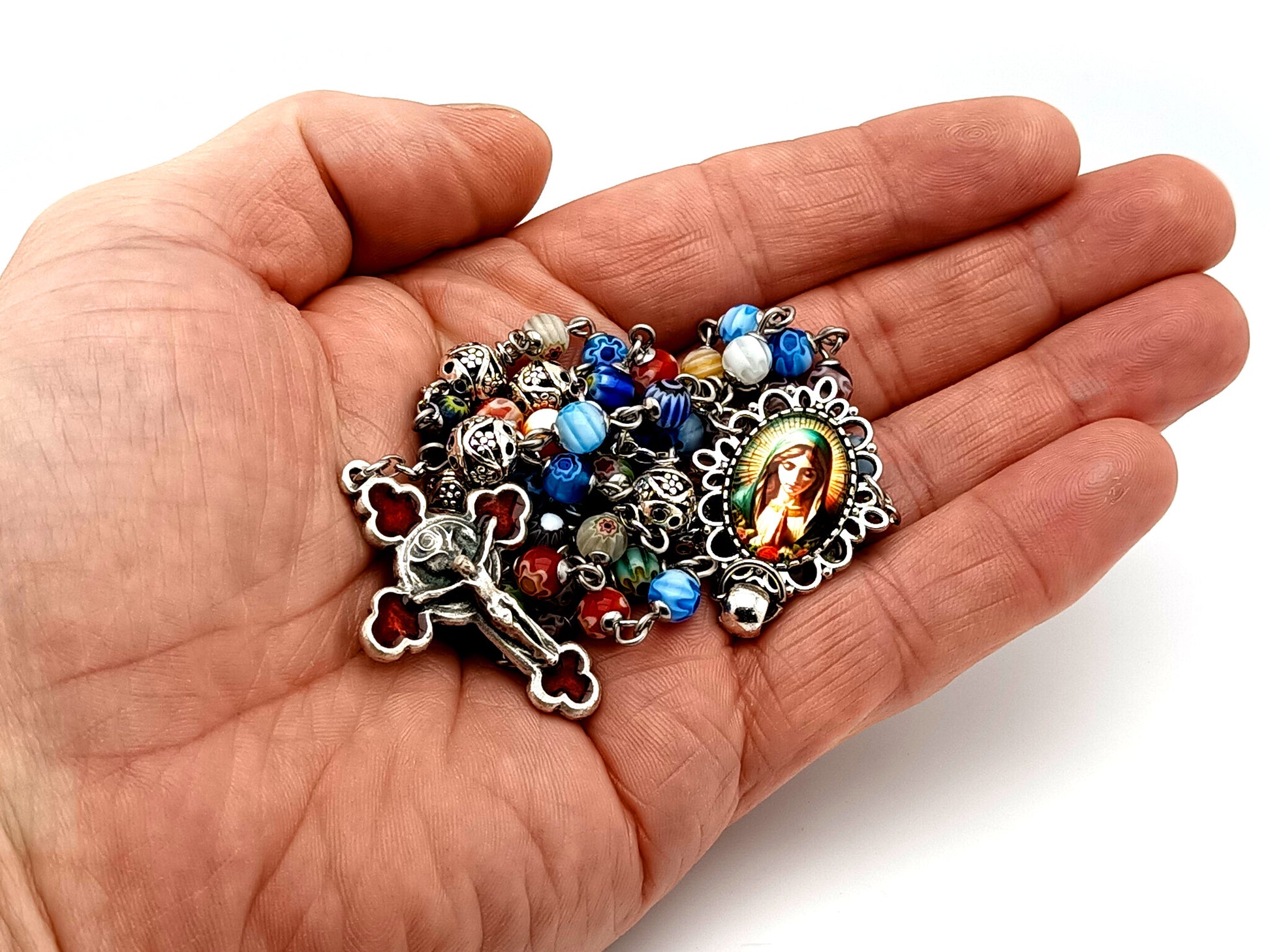 Virgin Mary unique rosary beads millefiori glass and silver rosary beads with red enamel crucifix.