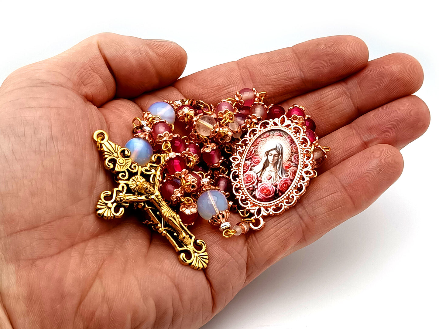 Immaculate Heart of Mary unique rosary beads opal and rose quartz gemstone rosary with gold plated filigree crucifix.