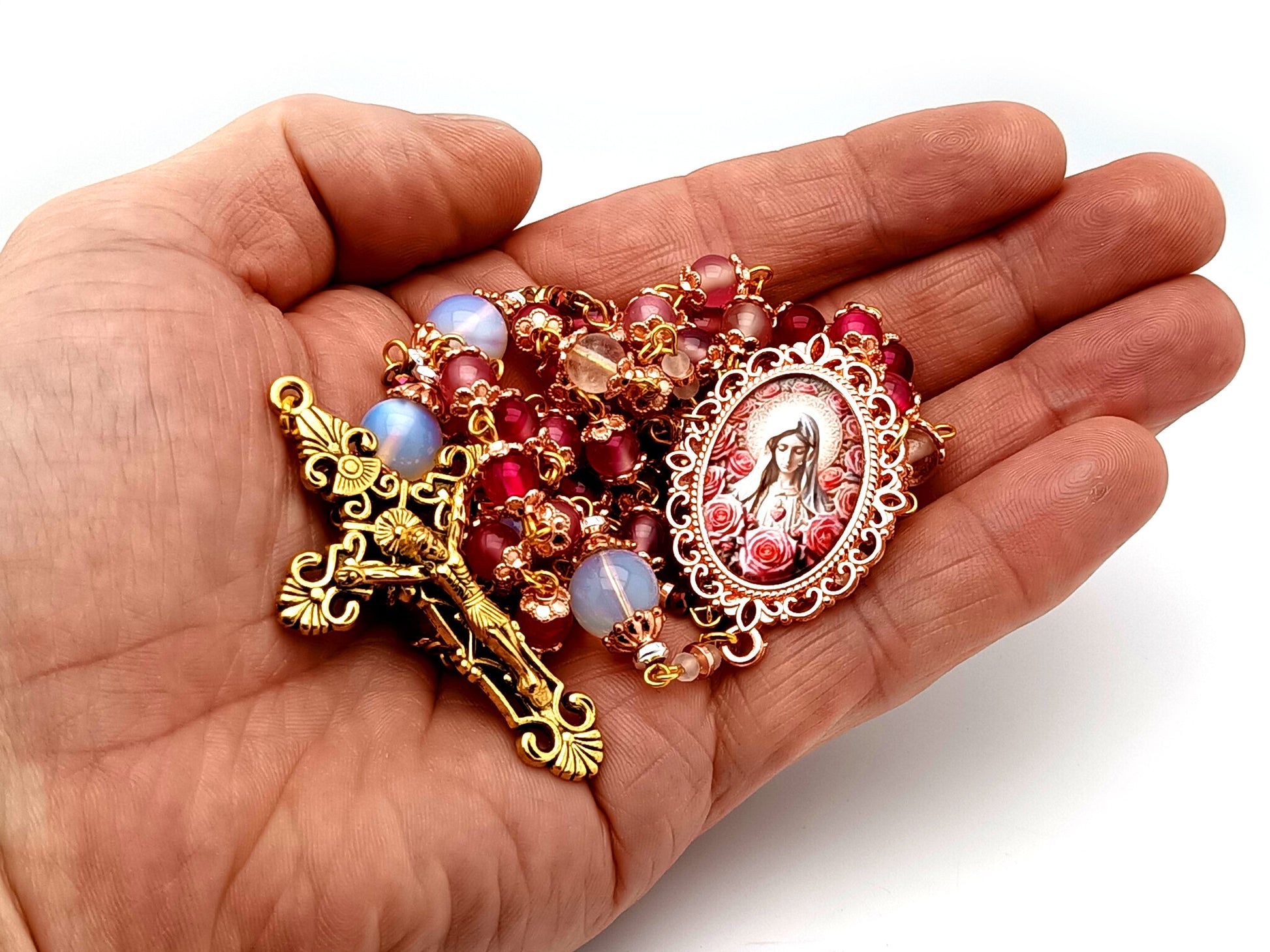 Immaculate Heart of Mary unique rosary beads opal and rose quartz gemstone rosary with gold plated filigree crucifix.