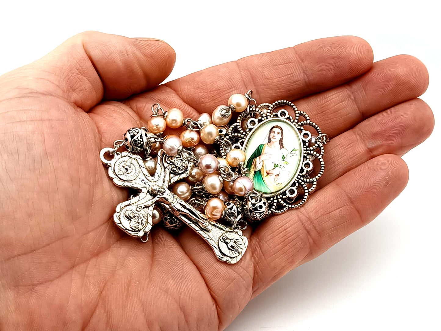 Saint Maria Goretti unique rosary beads fresh water pearl and silver rosary beads with four Basilicas crucifix.