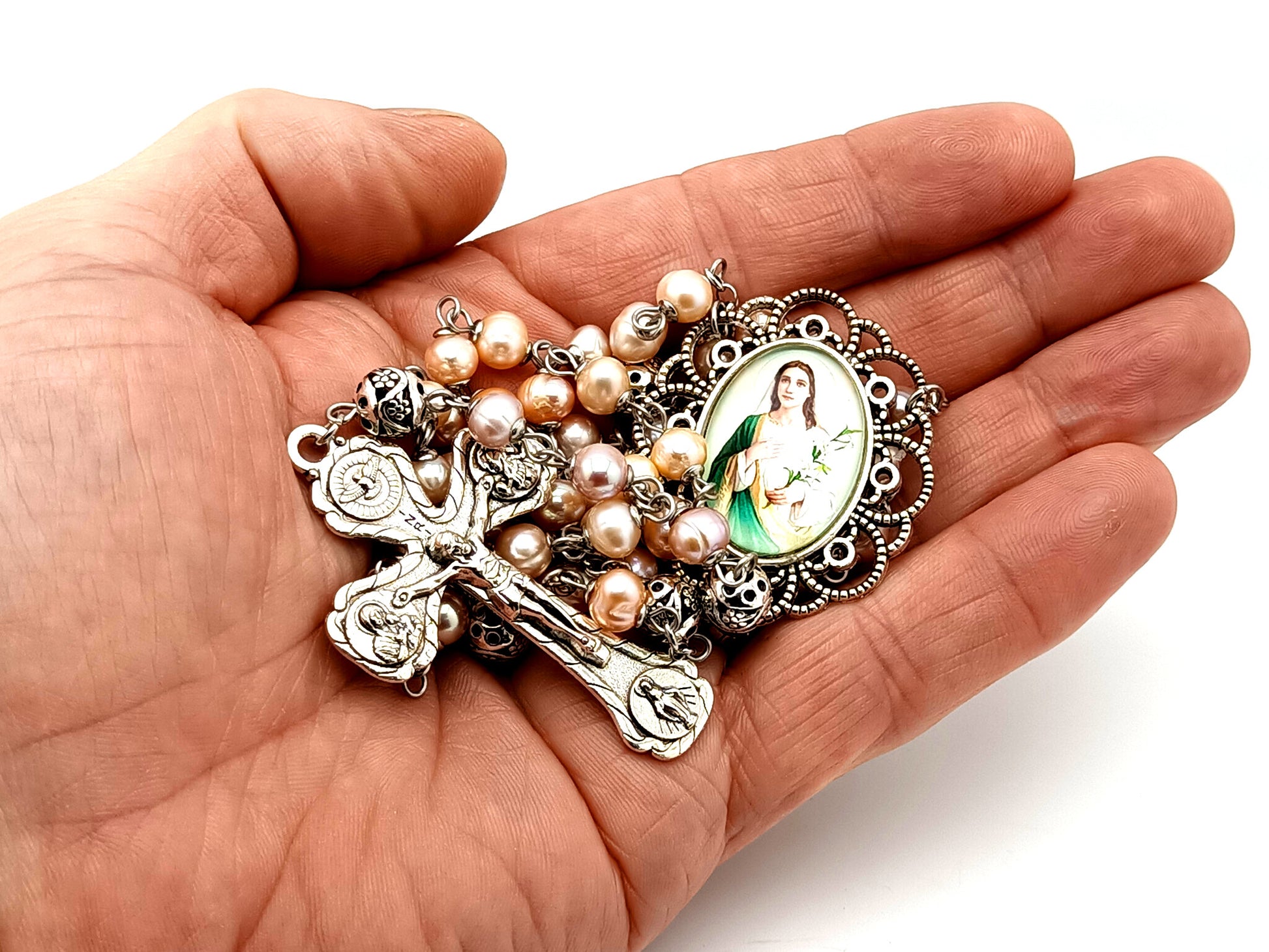 Saint Maria Goretti unique rosary beads fresh water pearl and silver rosary beads with four Basilicas crucifix.