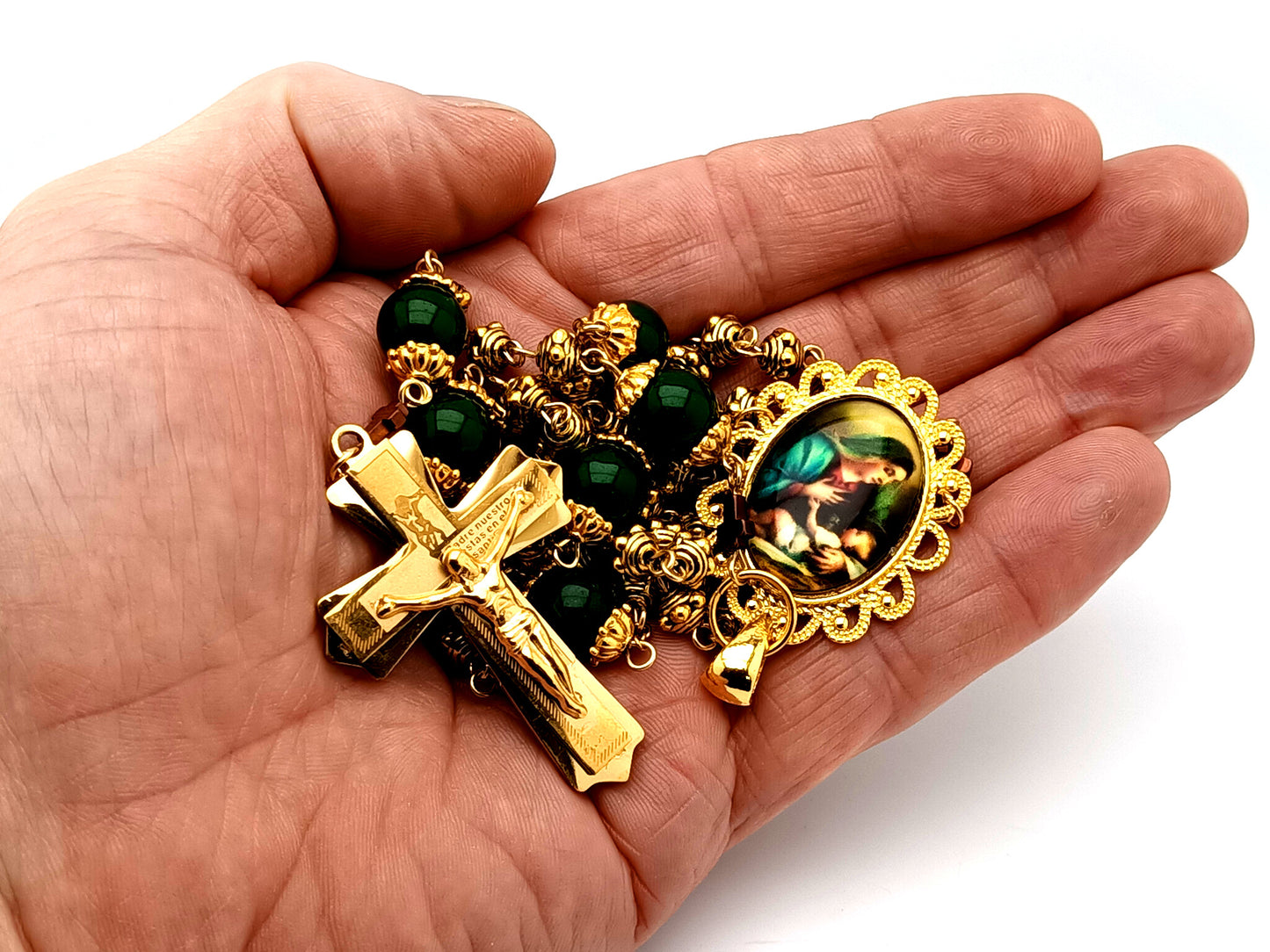 Virgin Mary and Child Jesus unique rosary beads gold plated silver and peridot gemstone rosary beads with 18K gold plated stainless steel crucifix.