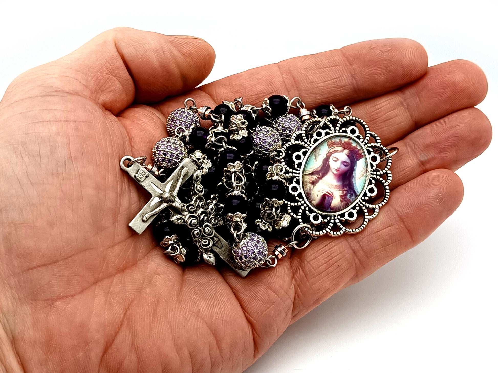 Queen of Heaven unique rosary beads amethyst and cubic zirconia rosary with etched pewter Saint Therese crucifix.