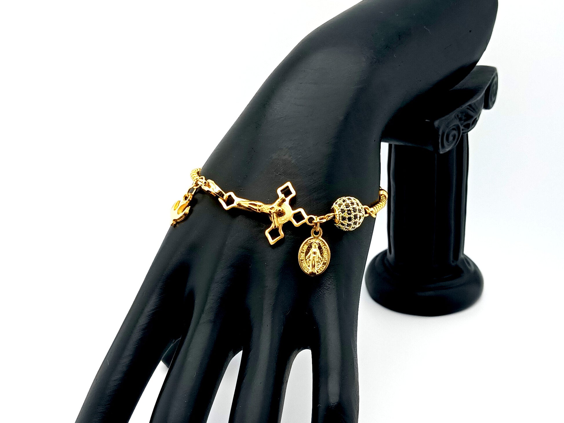 Miraculous Medal unique rosary beads 18k gold plated and cubic zirconia single decade rosary bead bracelet with gold plated Saint Benedict crucifix.