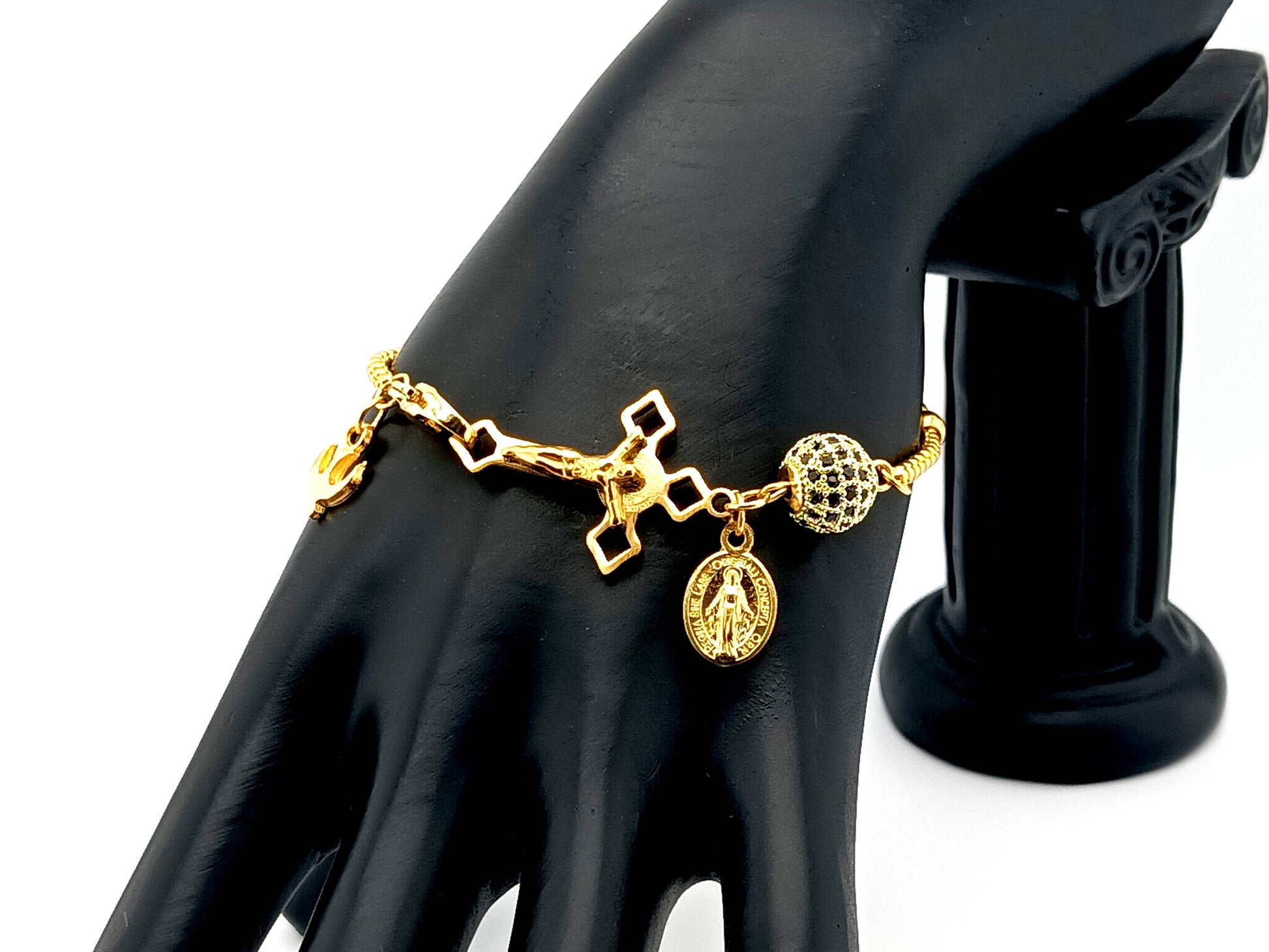 Miraculous Medal unique rosary beads 18k gold plated and cubic zirconia single decade rosary bead bracelet with gold plated Saint Benedict crucifix.