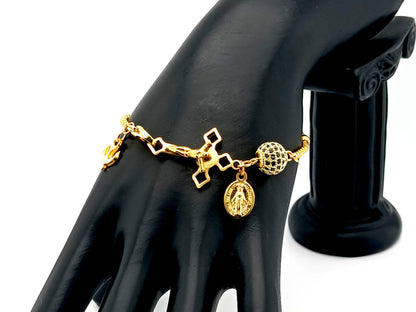 Miraculous Medal unique rosary beads 18k gold plated and cubic zirconia single decade rosary bead bracelet with gold plated Saint Benedict crucifix.