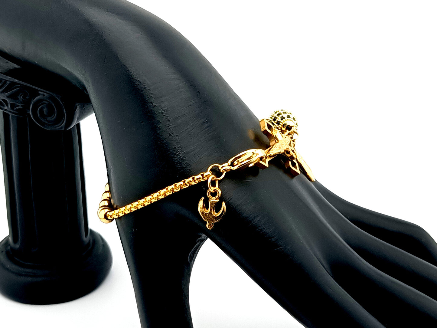 Miraculous Medal unique rosary beads 18k gold plated and cubic zirconia single decade rosary bead bracelet with gold plated Saint Benedict crucifix.