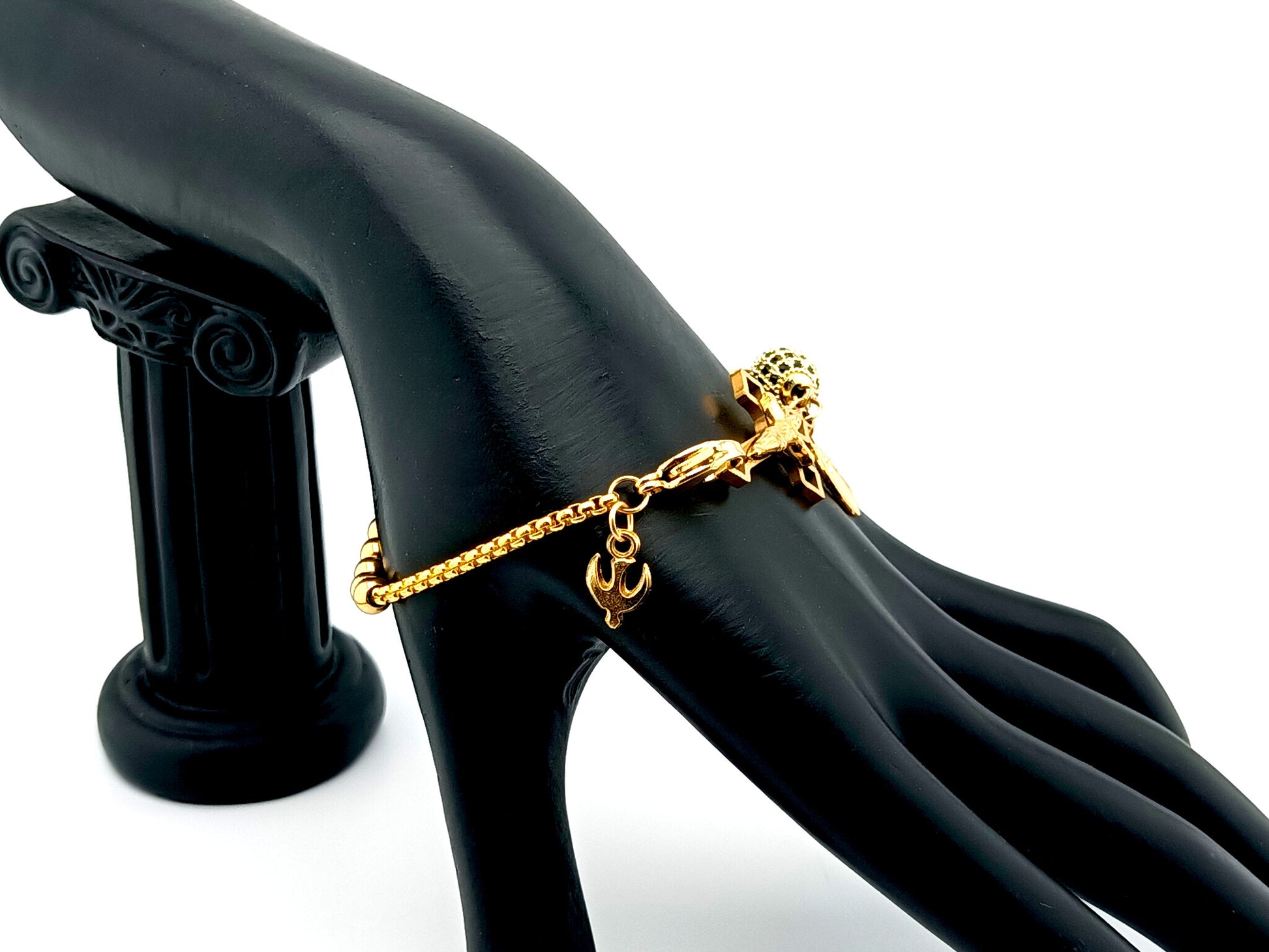 Miraculous Medal unique rosary beads 18k gold plated and cubic zirconia single decade rosary bead bracelet with gold plated Saint Benedict crucifix.