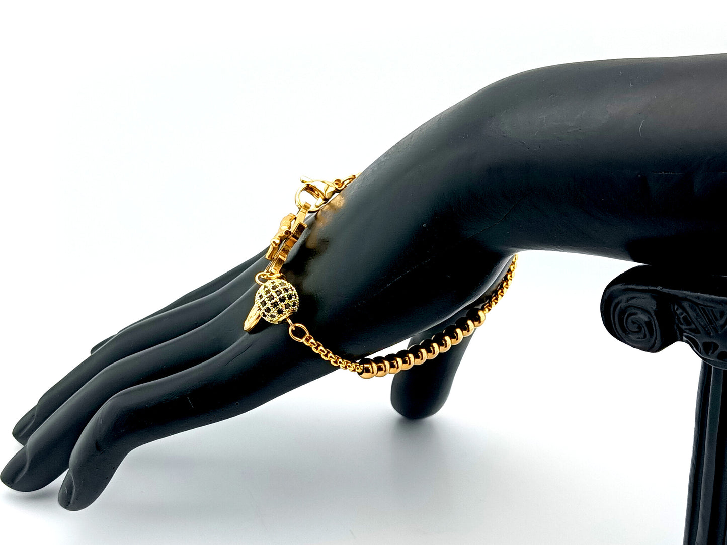 Miraculous Medal unique rosary beads 18k gold plated and cubic zirconia single decade rosary bead bracelet with gold plated Saint Benedict crucifix.