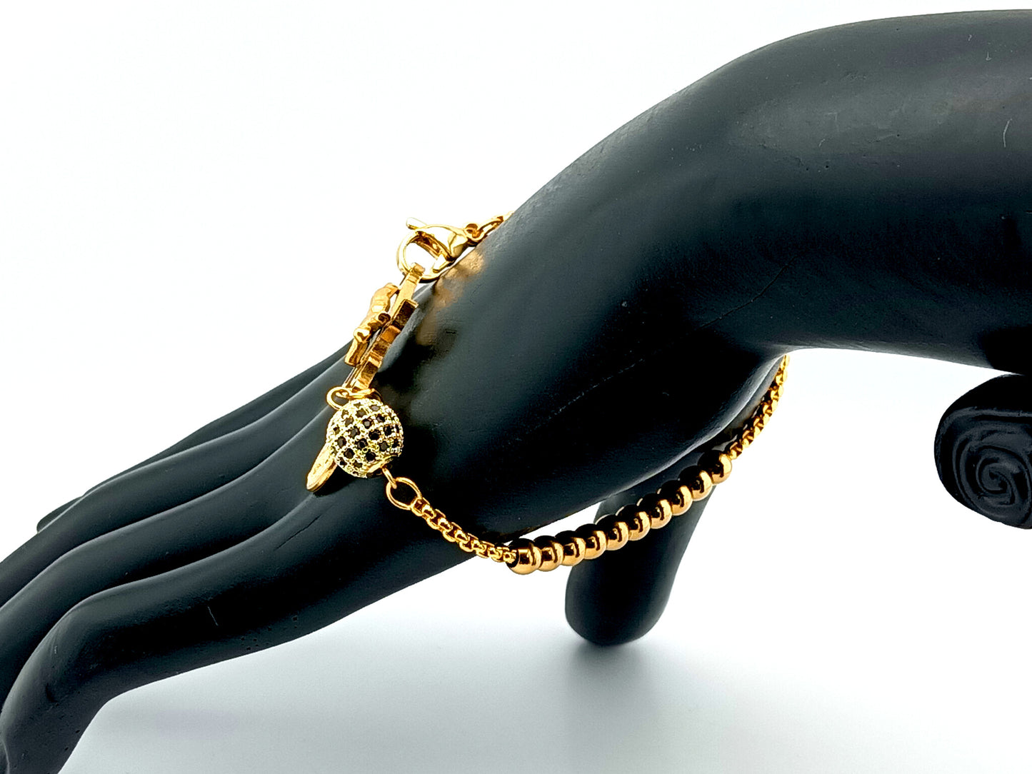 Miraculous Medal unique rosary beads 18k gold plated and cubic zirconia single decade rosary bead bracelet with gold plated Saint Benedict crucifix.