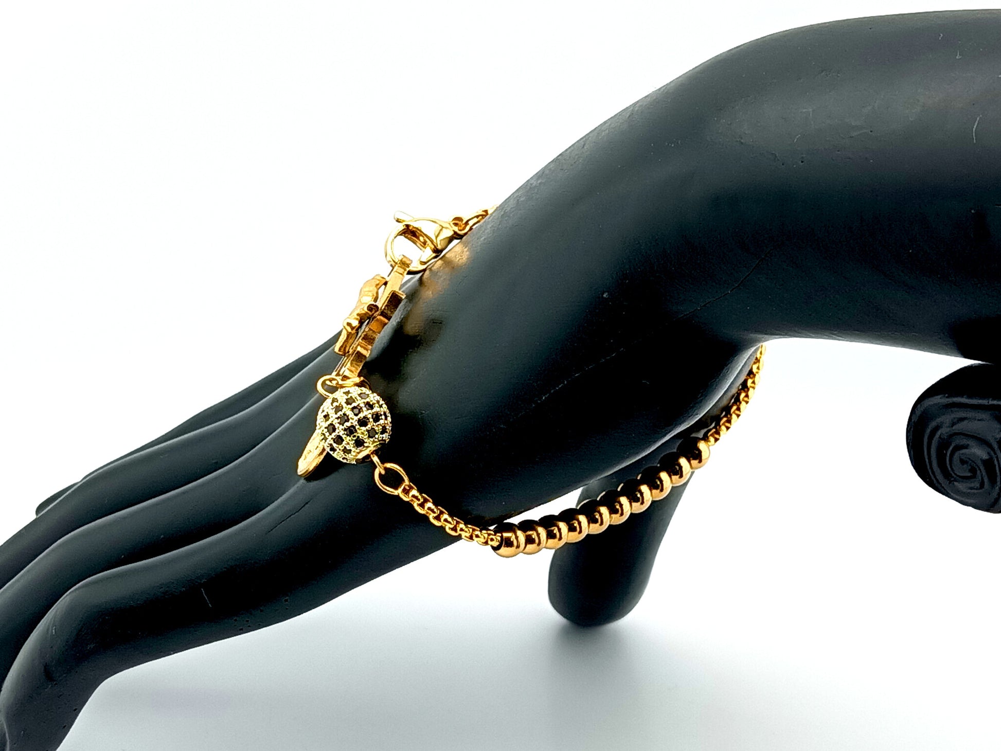 Miraculous Medal unique rosary beads 18k gold plated and cubic zirconia single decade rosary bead bracelet with gold plated Saint Benedict crucifix.