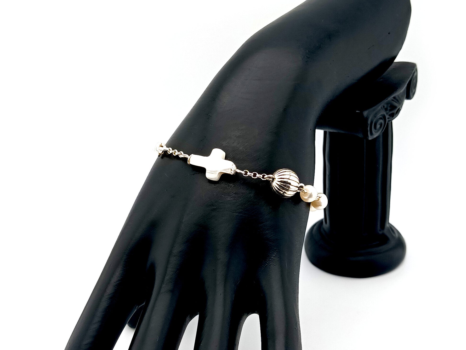 Natural pearl and 925 sterling silver single decade rosary bracelet with mother of pearl cross.