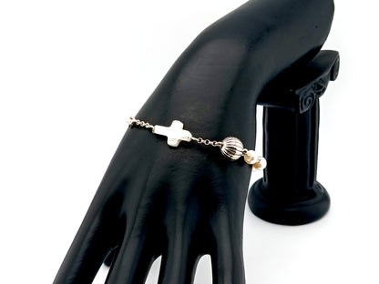Natural pearl and 925 sterling silver single decade rosary bracelet with mother of pearl cross.