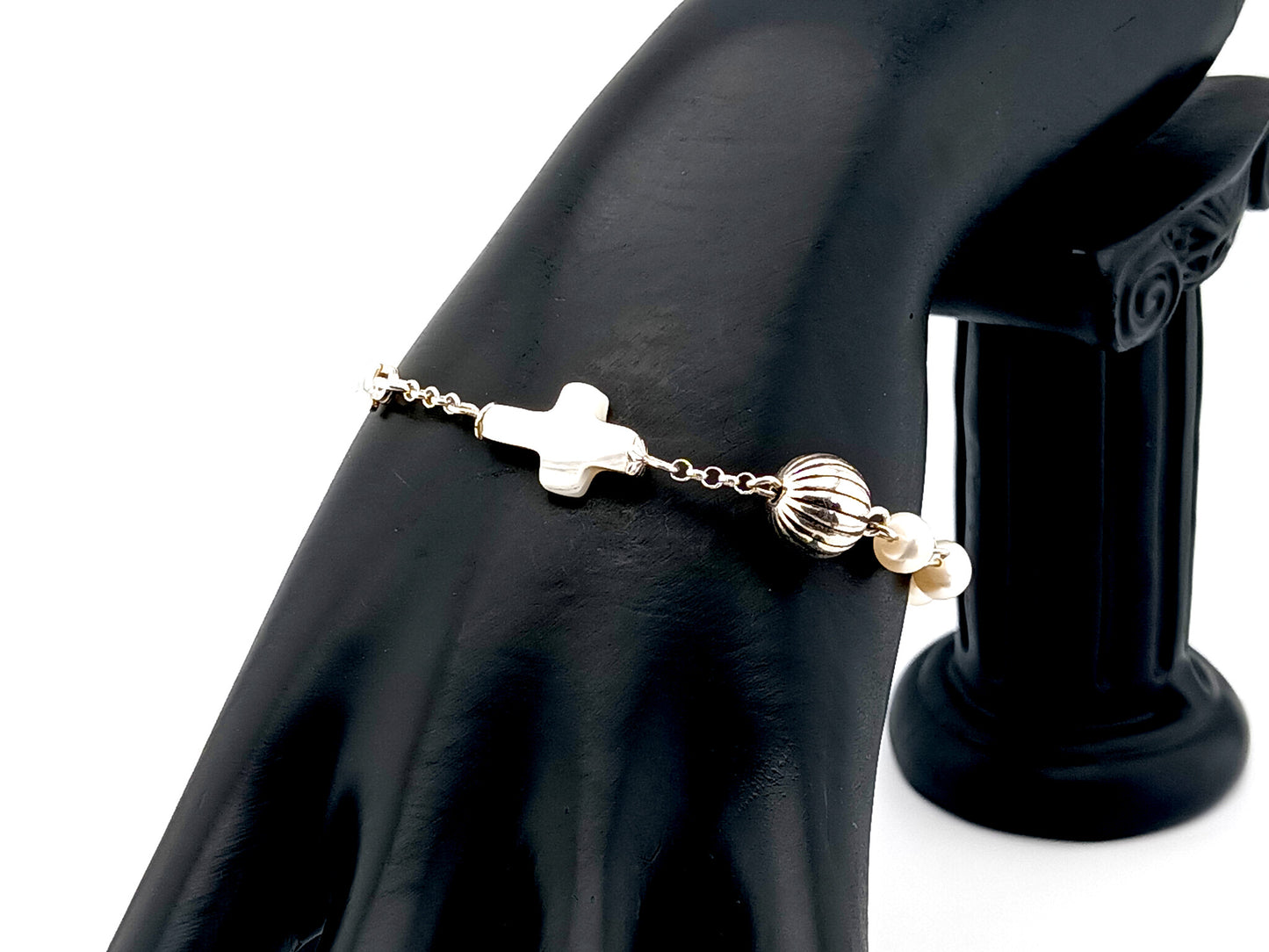 Natural pearl and 925 sterling silver single decade rosary bracelet with mother of pearl cross.