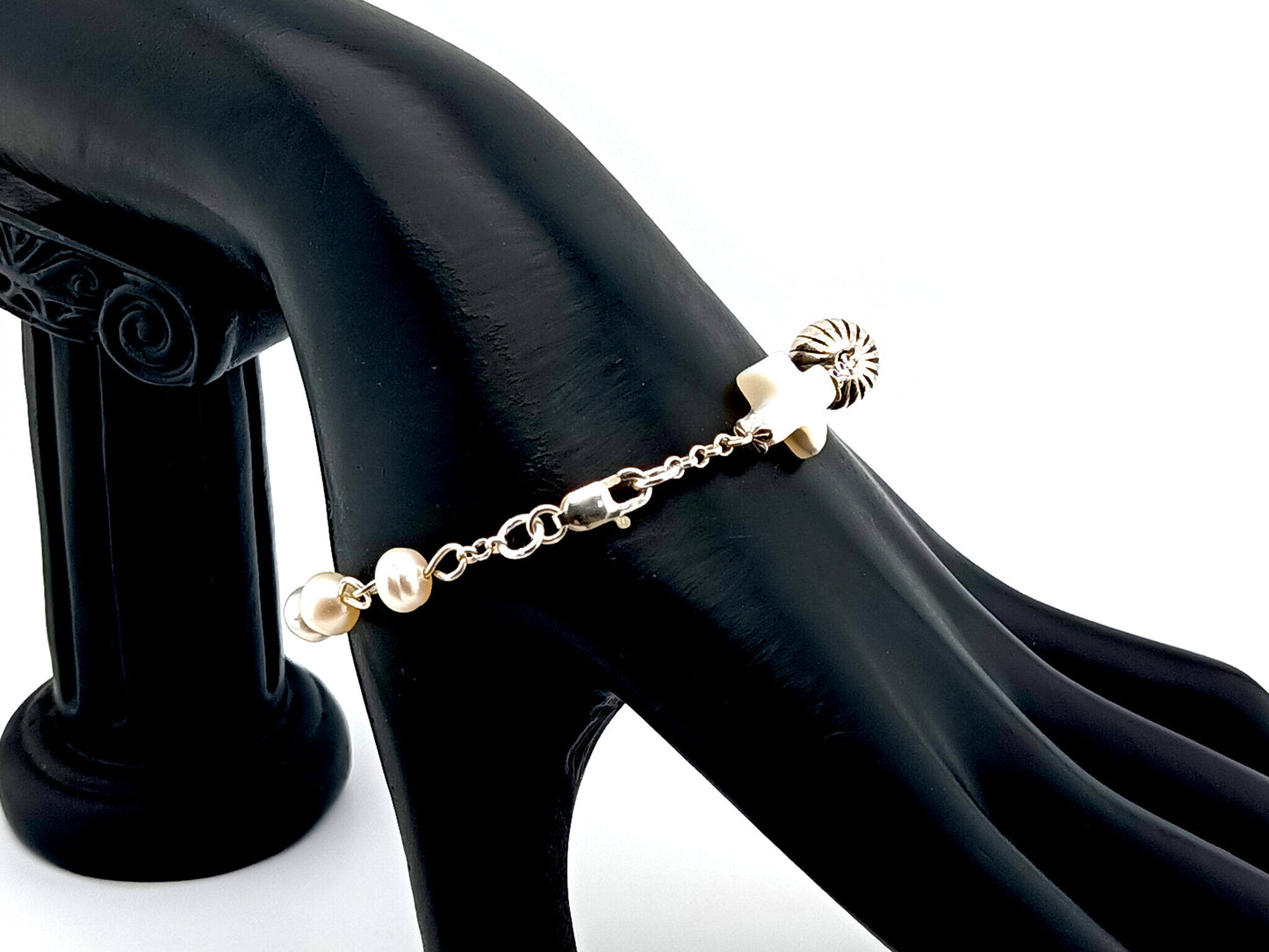 Natural pearl and 925 sterling silver single decade rosary bracelet with mother of pearl cross.