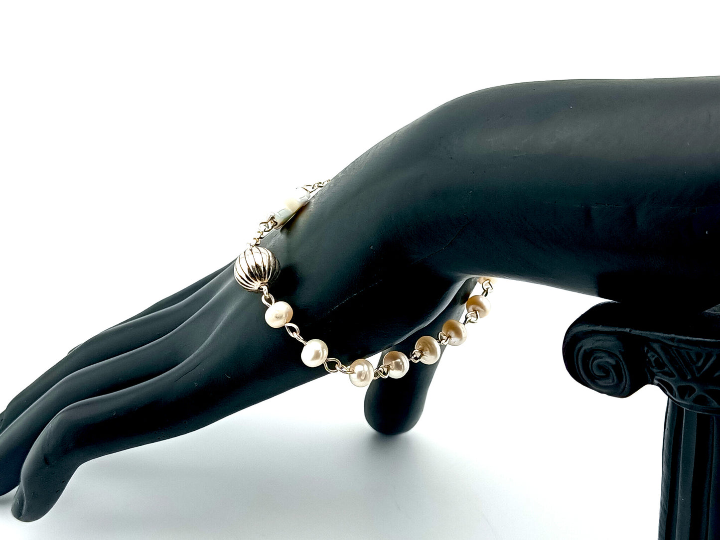 Natural pearl and 925 sterling silver single decade rosary bracelet with mother of pearl cross.