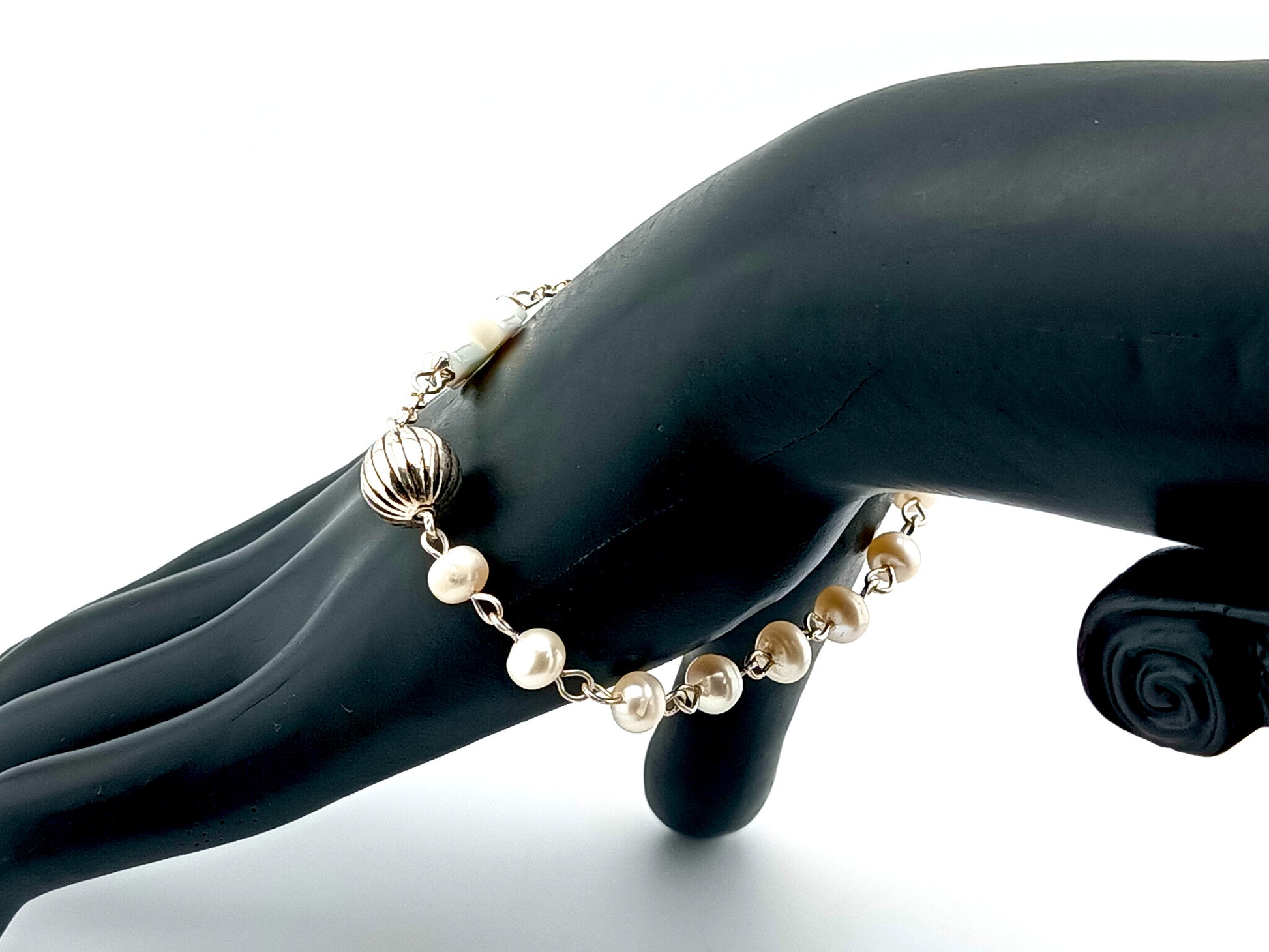 Natural pearl and 925 sterling silver single decade rosary bracelet with mother of pearl cross.