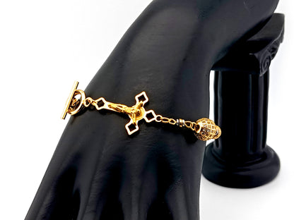 18K Gold cubic zirconia single decade rosary bracelet with gold plated Saint Benedict crucifix.