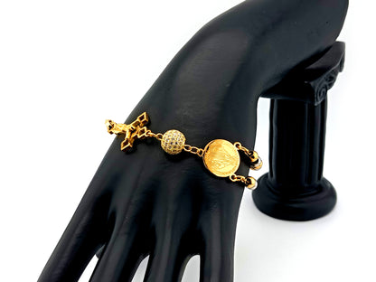 Miraculous Medal gold and silver stainless steel 5 decade rosary bracelet with gold plated Saint Benedict crucifix.