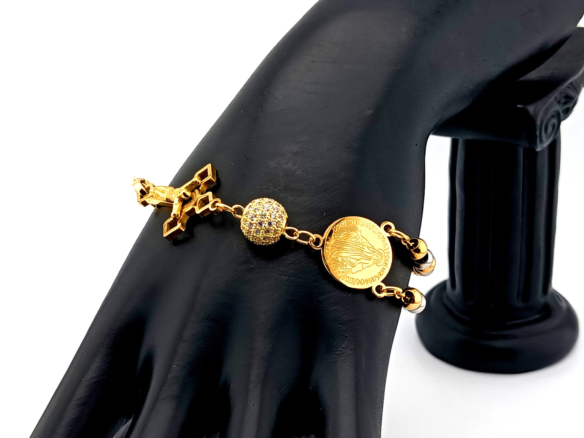 Miraculous Medal gold and silver stainless steel 5 decade rosary bracelet with gold plated Saint Benedict crucifix.