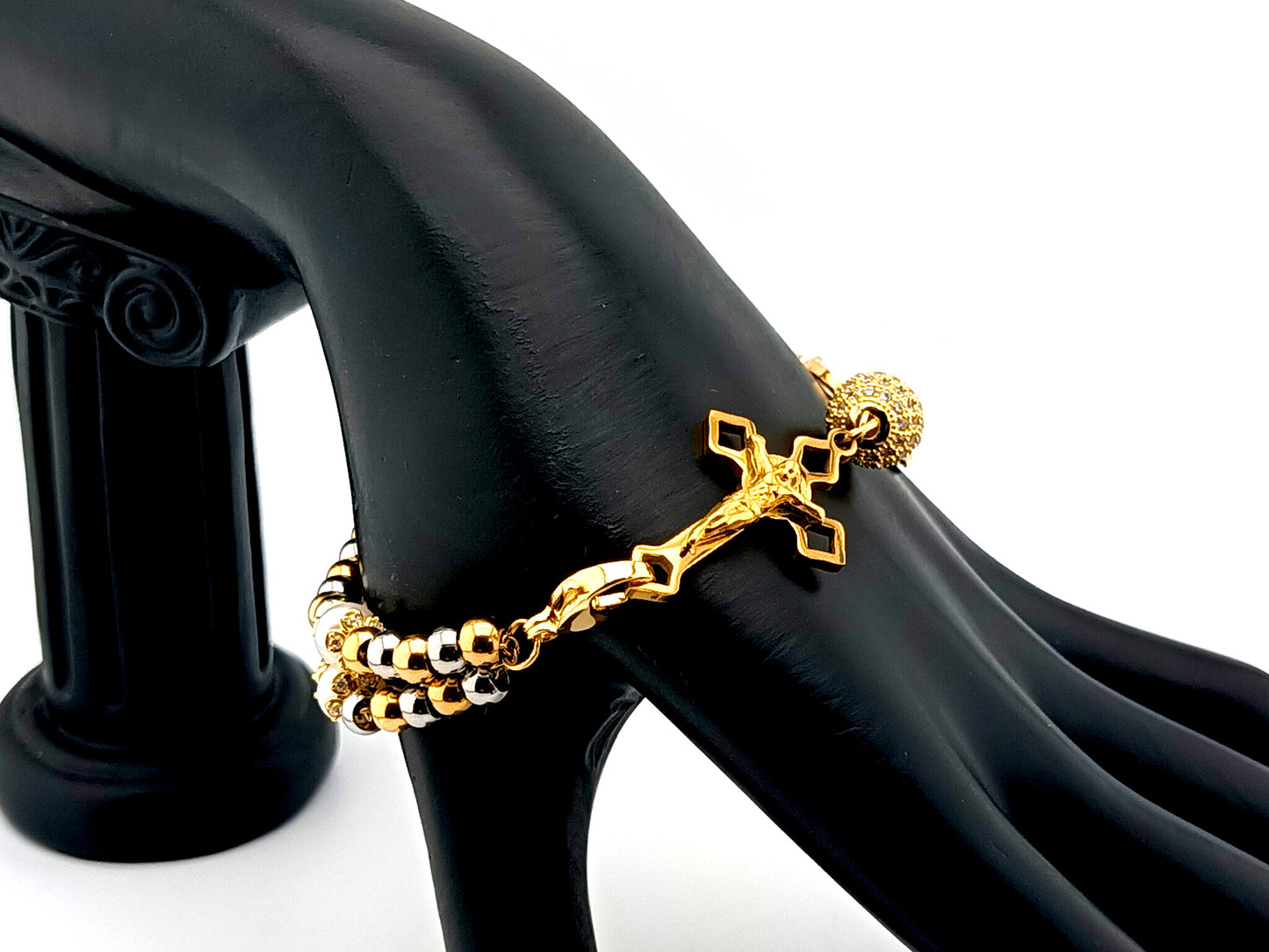 Miraculous Medal gold and silver stainless steel 5 decade rosary bracelet with gold plated Saint Benedict crucifix.