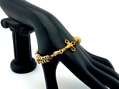 Miraculous Medal gold and silver stainless steel 5 decade rosary bracelet with gold plated Saint Benedict crucifix.