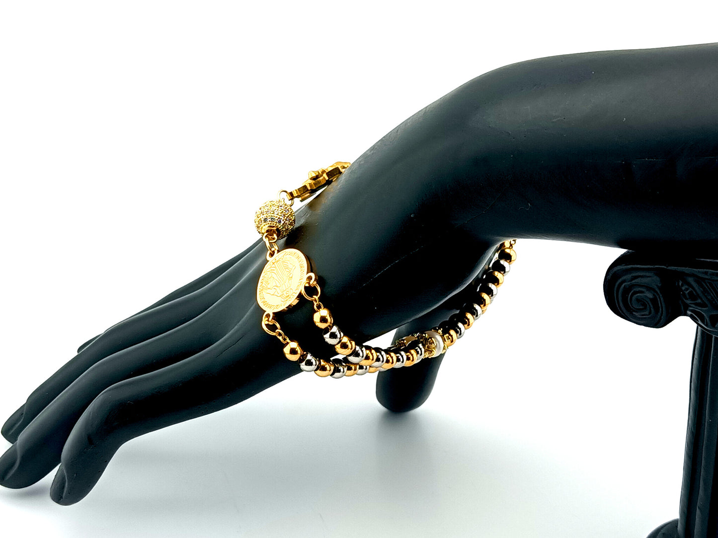 Miraculous Medal gold and silver stainless steel 5 decade rosary bracelet with gold plated Saint Benedict crucifix.