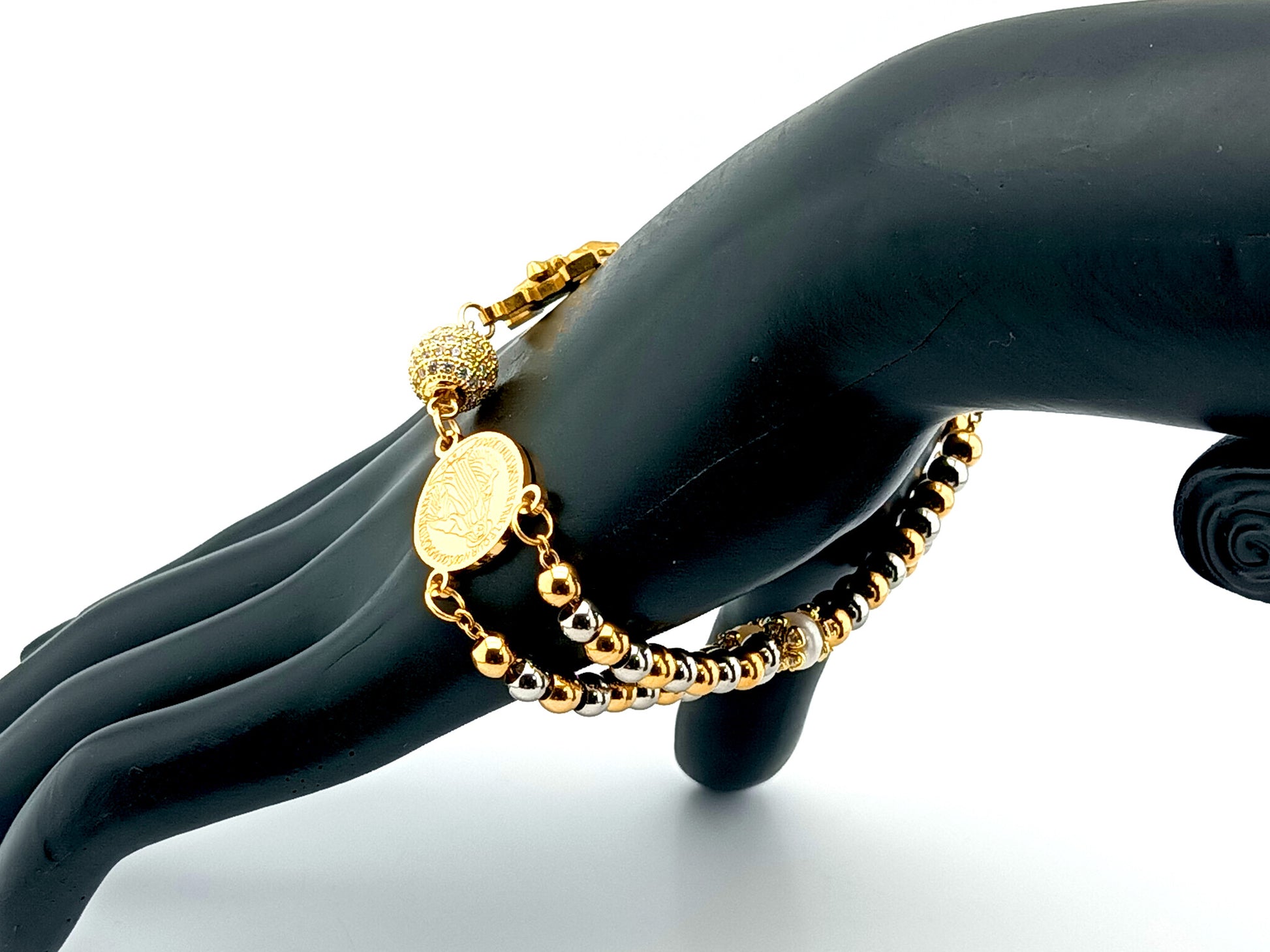 Miraculous Medal gold and silver stainless steel 5 decade rosary bracelet with gold plated Saint Benedict crucifix.