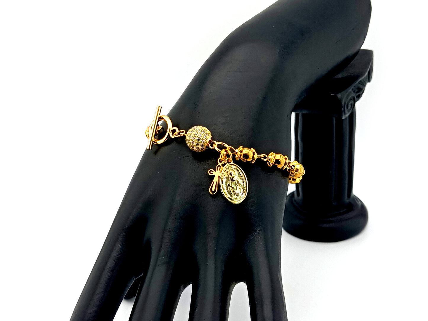 18K gold plated 925 sterling silver Miraculous medal and cubic zirconia single decade rosary bead bracelet with small gold plated cross.