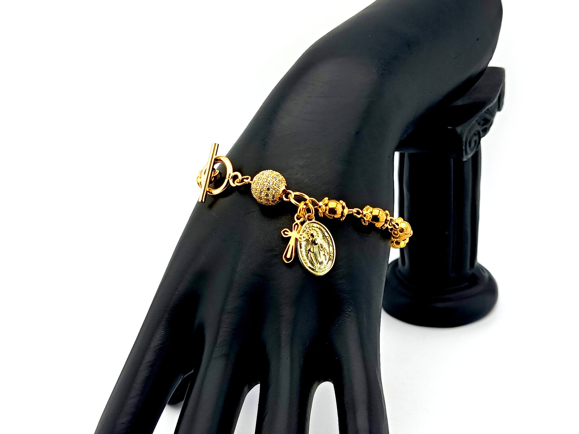 18K gold plated 925 sterling silver Miraculous medal and cubic zirconia single decade rosary bead bracelet with small gold plated cross.