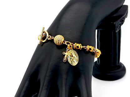 18K gold plated 925 sterling silver Miraculous medal and cubic zirconia single decade rosary bead bracelet with small gold plated cross.