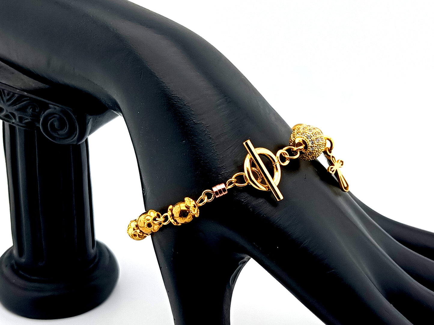 18K gold plated 925 sterling silver Miraculous medal and cubic zirconia single decade rosary bead bracelet with small gold plated cross.