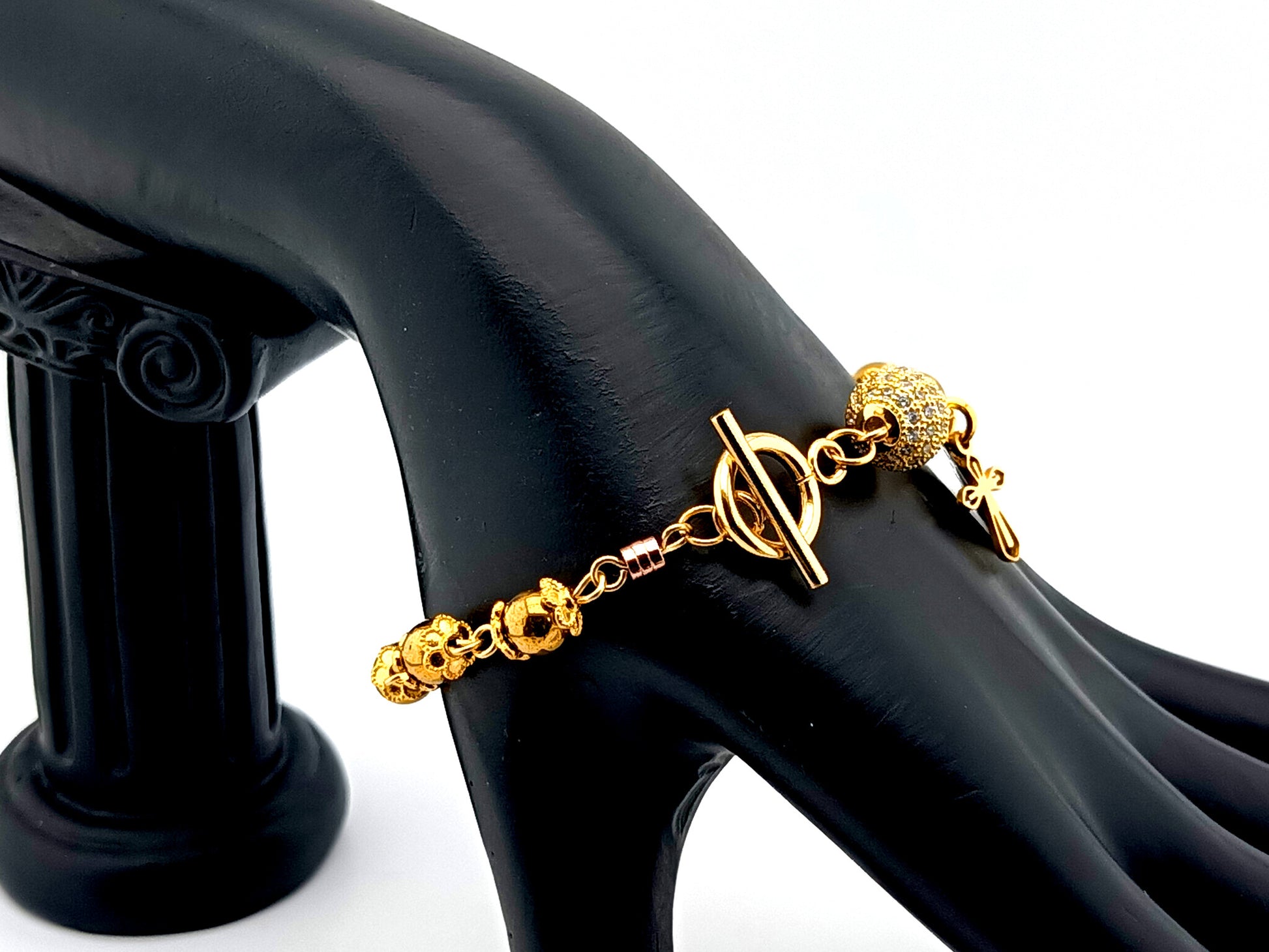 18K gold plated 925 sterling silver Miraculous medal and cubic zirconia single decade rosary bead bracelet with small gold plated cross.