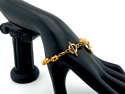 18K gold plated 925 sterling silver Miraculous medal and cubic zirconia single decade rosary bead bracelet with small gold plated cross.