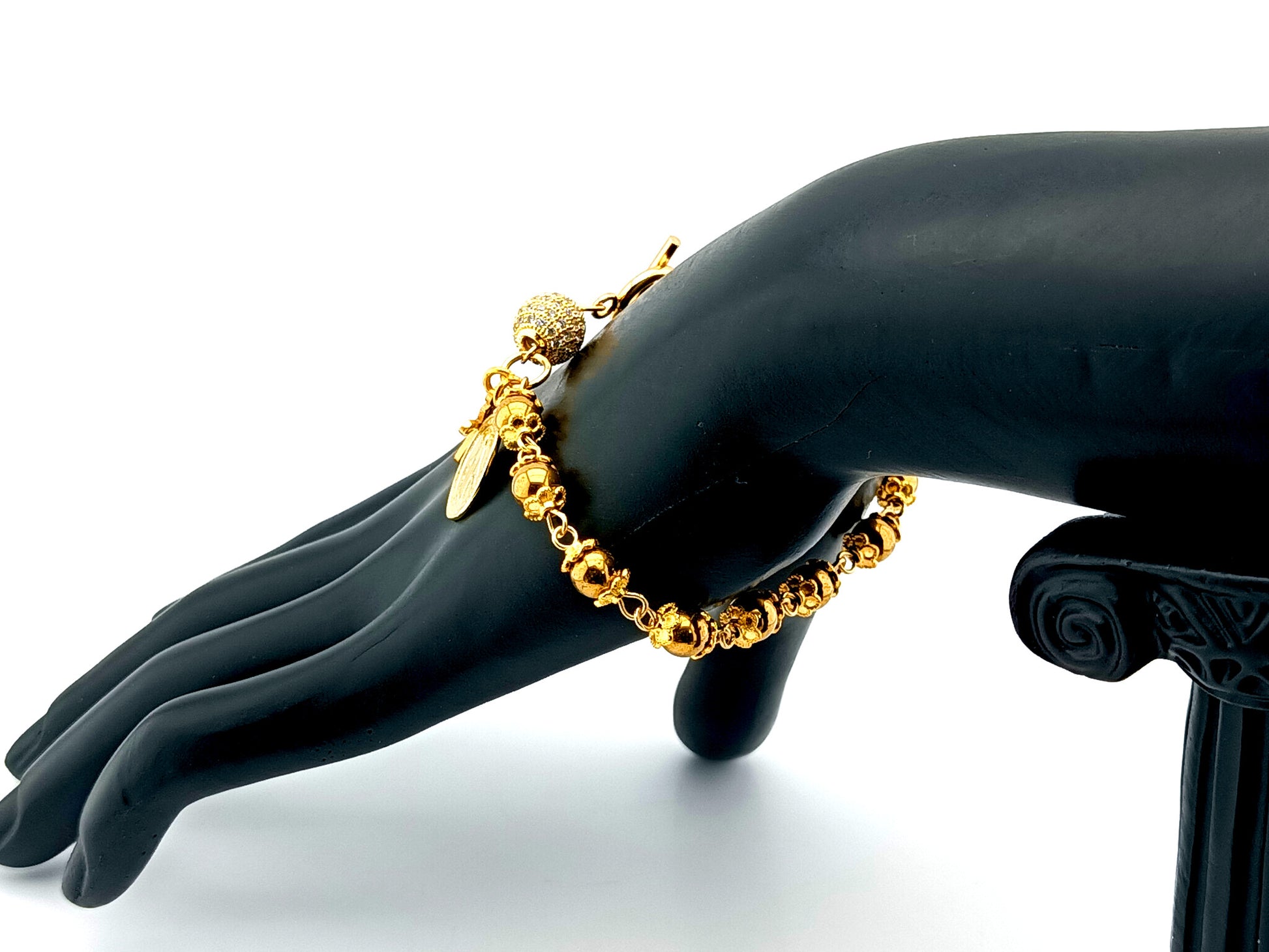 18K gold plated 925 sterling silver Miraculous medal and cubic zirconia single decade rosary bead bracelet with small gold plated cross.