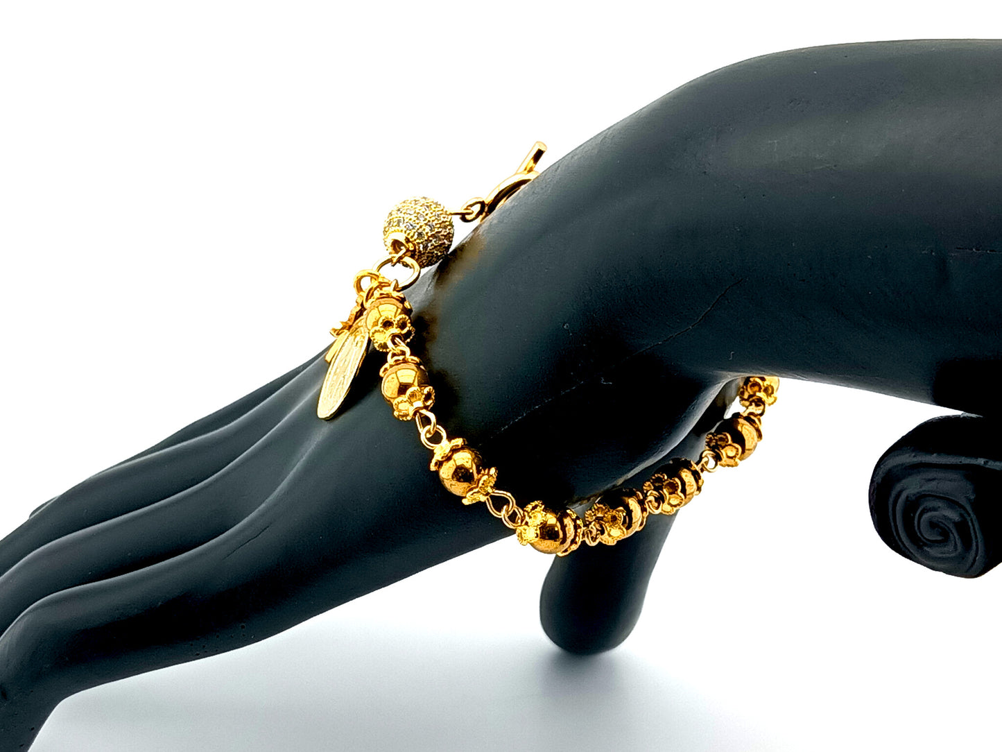 18K gold plated 925 sterling silver Miraculous medal and cubic zirconia single decade rosary bead bracelet with small gold plated cross.