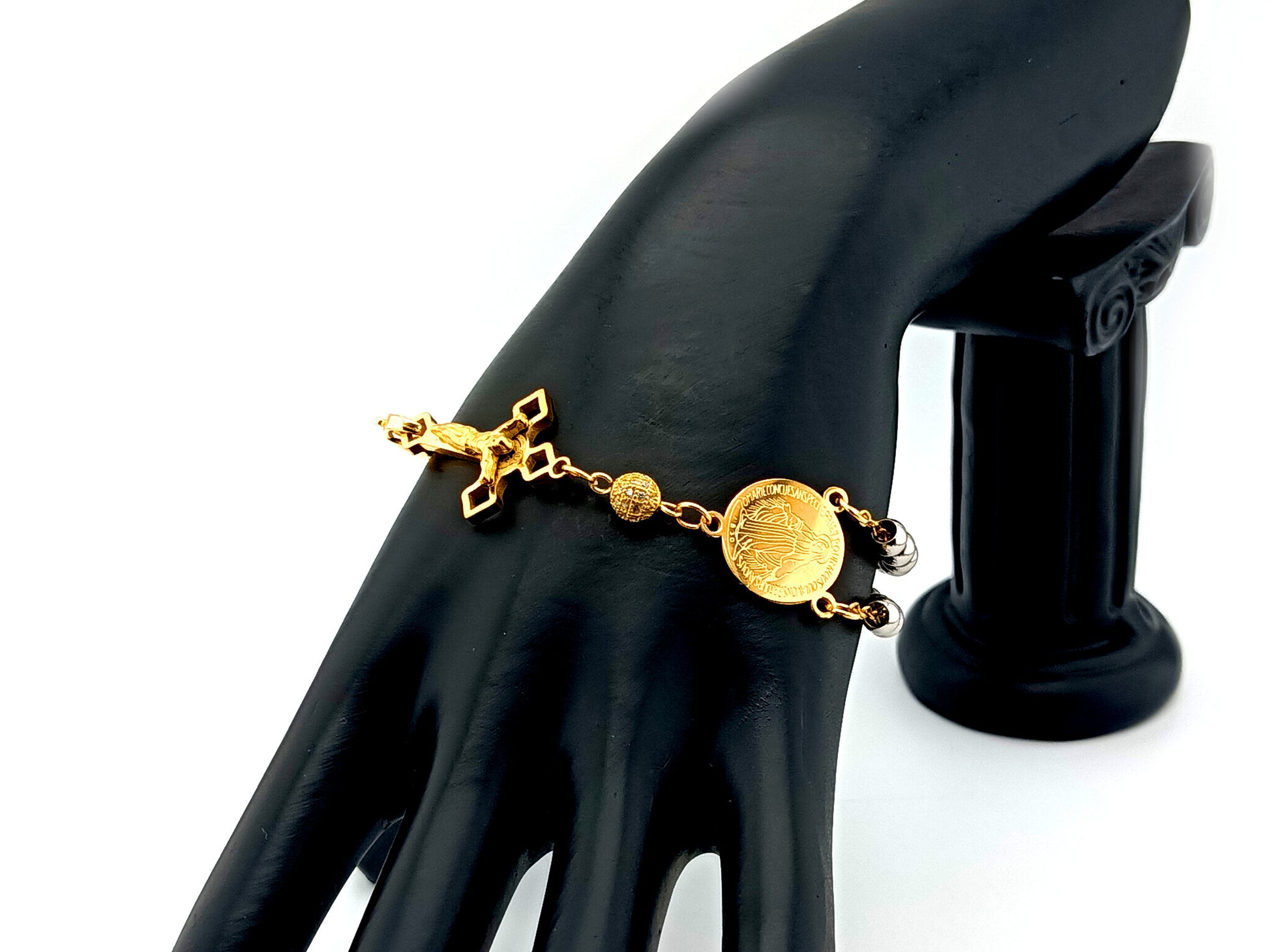 Miraculous Medal unique rosary beads  925 Gold plated stainless steel 5 decade rosary bracelet with gold plated stainless steel crucifix and 18K gold plated clasp.