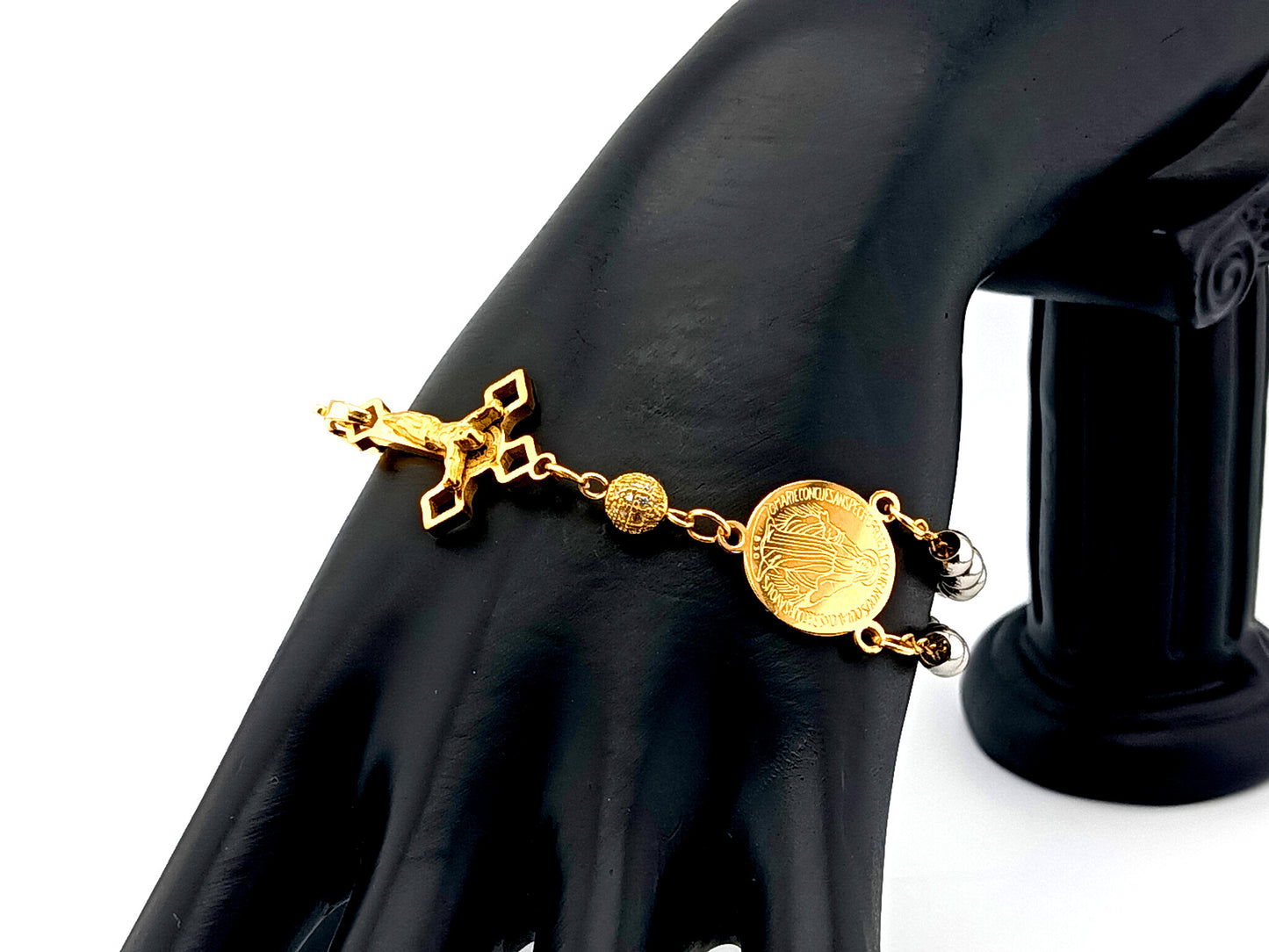 Miraculous Medal unique rosary beads  925 Gold plated stainless steel 5 decade rosary bracelet with gold plated stainless steel crucifix and 18K gold plated clasp.