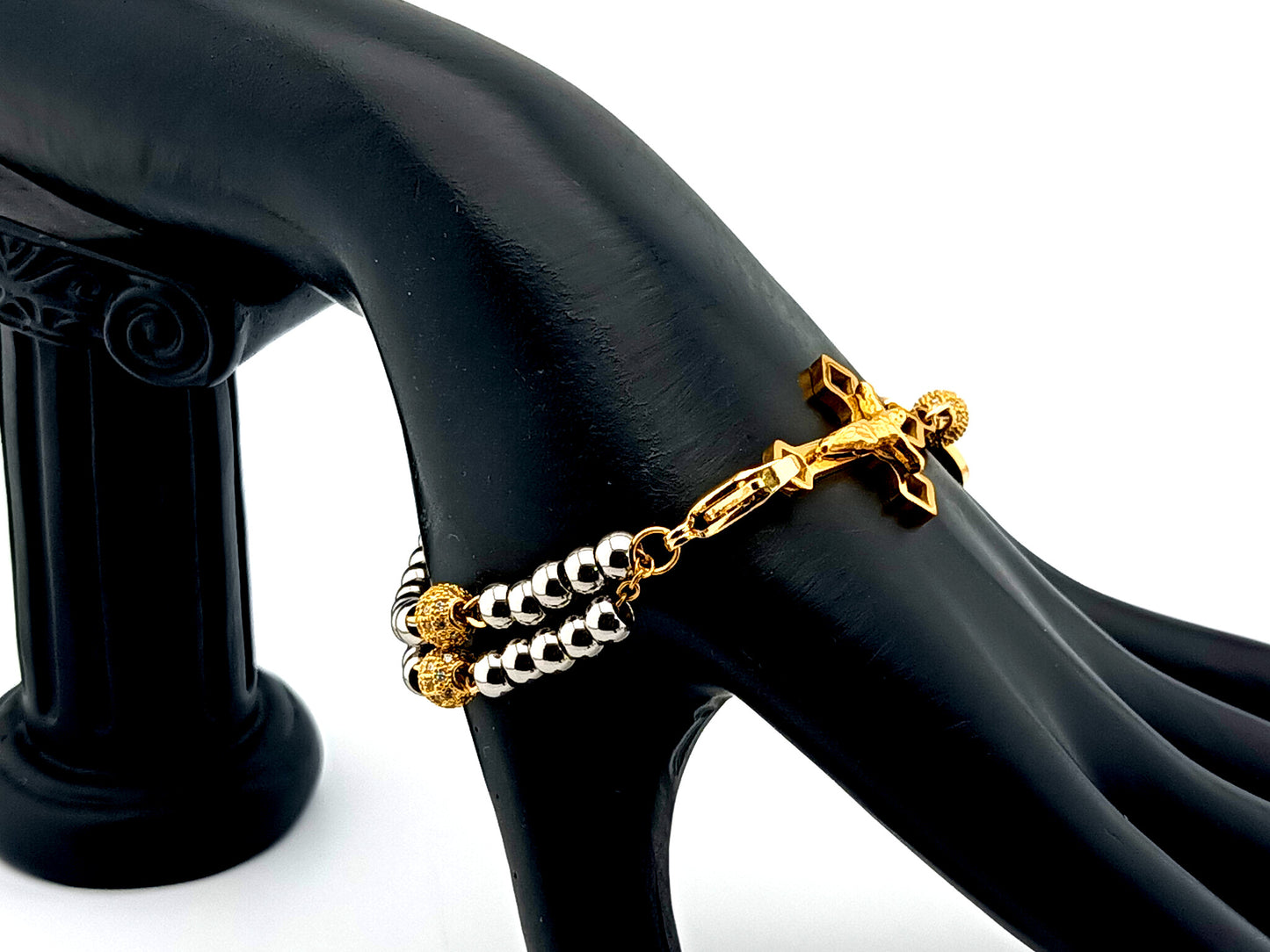 Miraculous Medal unique rosary beads  925 Gold plated stainless steel 5 decade rosary bracelet with gold plated stainless steel crucifix and 18K gold plated clasp.