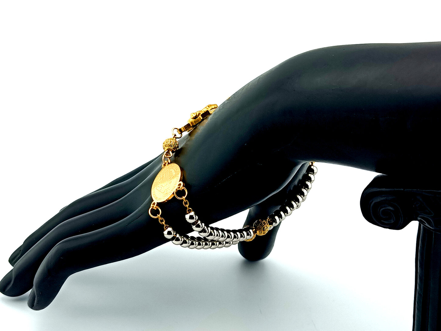 Miraculous Medal unique rosary beads  925 Gold plated stainless steel 5 decade rosary bracelet with gold plated stainless steel crucifix and 18K gold plated clasp.