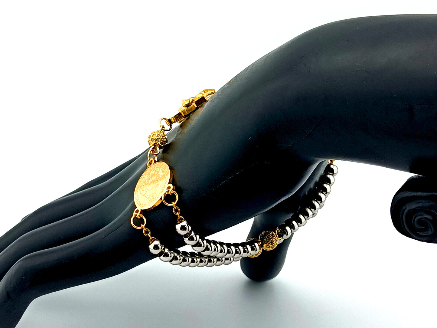 Miraculous Medal unique rosary beads  925 Gold plated stainless steel 5 decade rosary bracelet with gold plated stainless steel crucifix and 18K gold plated clasp.