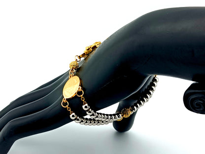 Miraculous Medal unique rosary beads  925 Gold plated stainless steel 5 decade rosary bracelet with gold plated stainless steel crucifix and 18K gold plated clasp.