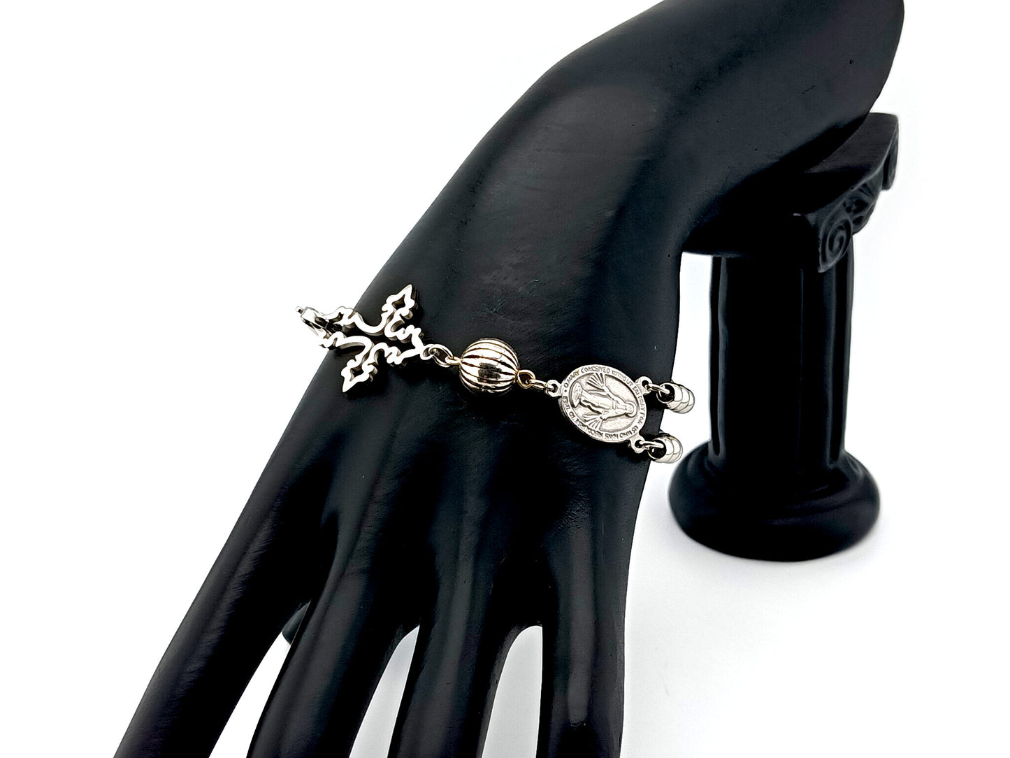 Miraculous Medal unique rosary beads 925 sterling silver and stainless steel 5 decade rosary bracelet with filigree linking cross.