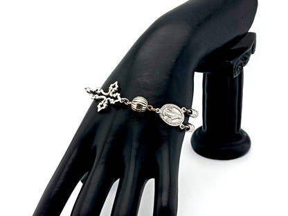 Miraculous Medal unique rosary beads 925 sterling silver and stainless steel 5 decade rosary bracelet with filigree linking cross.