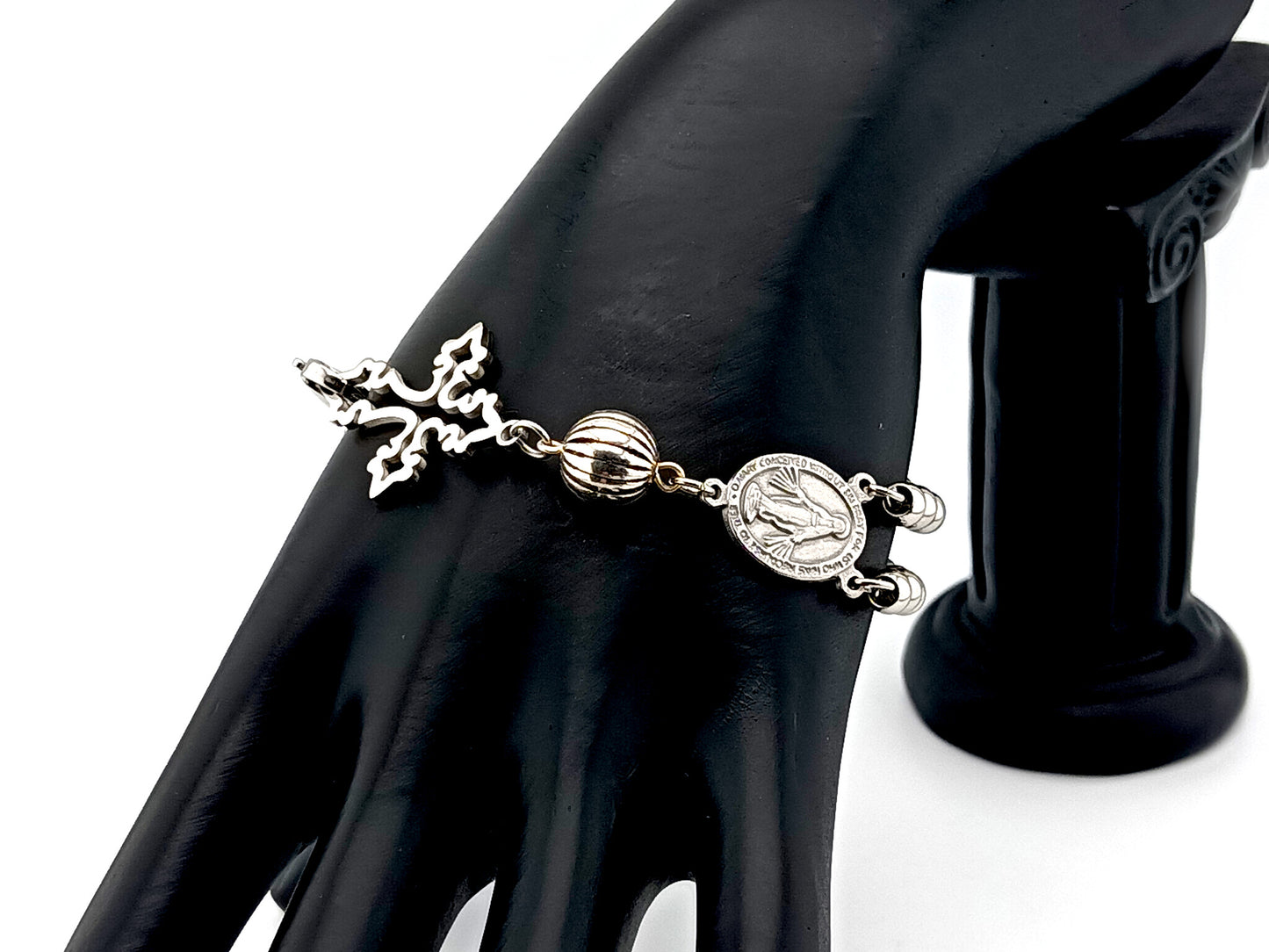 Miraculous Medal unique rosary beads 925 sterling silver and stainless steel 5 decade rosary bracelet with filigree linking cross.