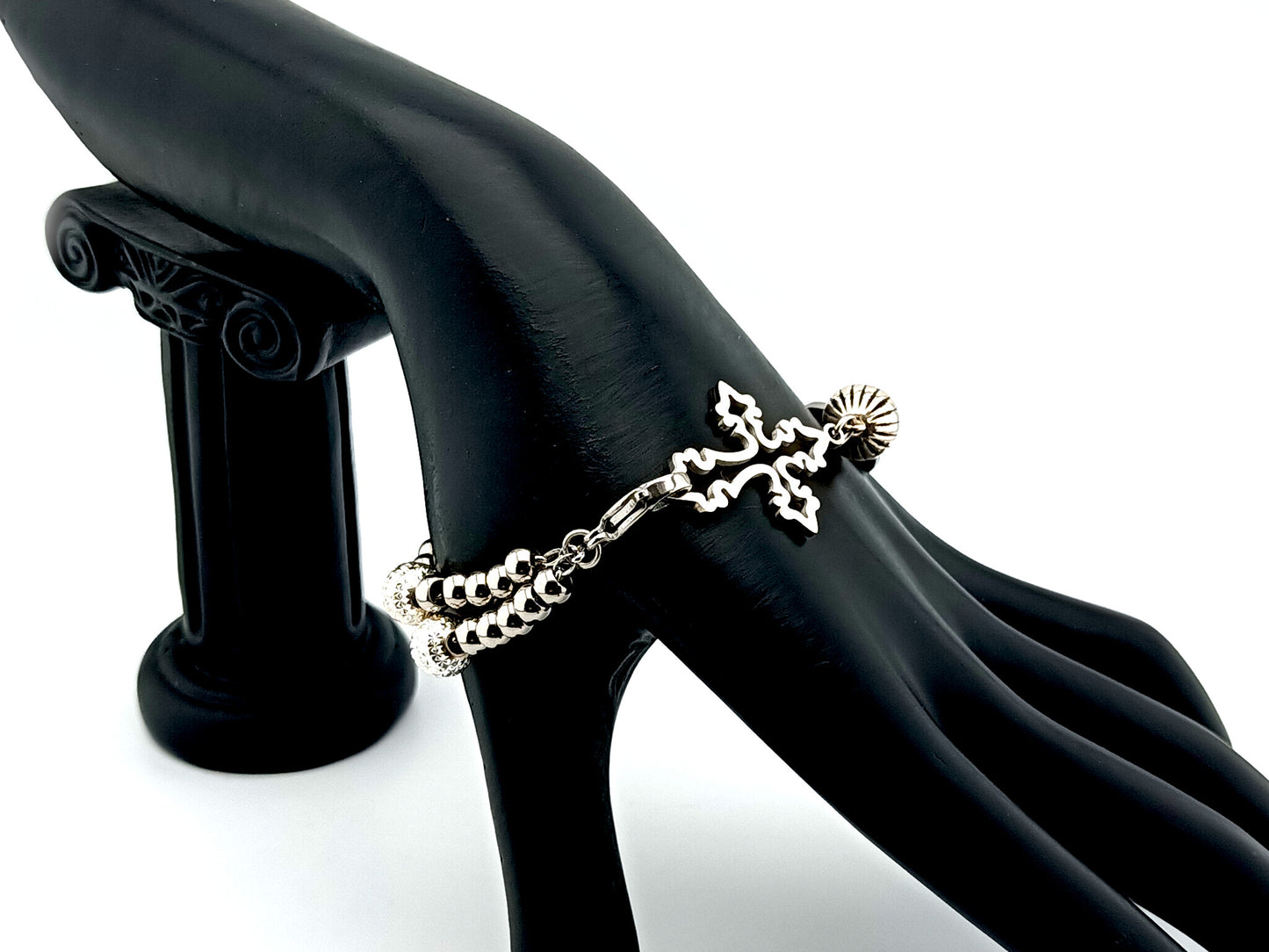 Miraculous Medal unique rosary beads 925 sterling silver and stainless steel 5 decade rosary bracelet with filigree linking cross.