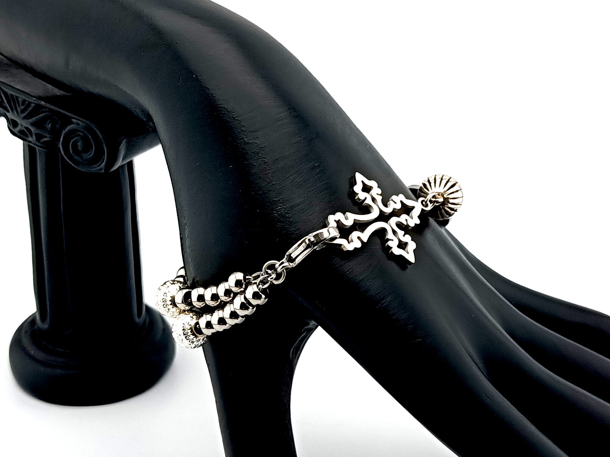 Miraculous Medal unique rosary beads 925 sterling silver and stainless steel 5 decade rosary bracelet with filigree linking cross.