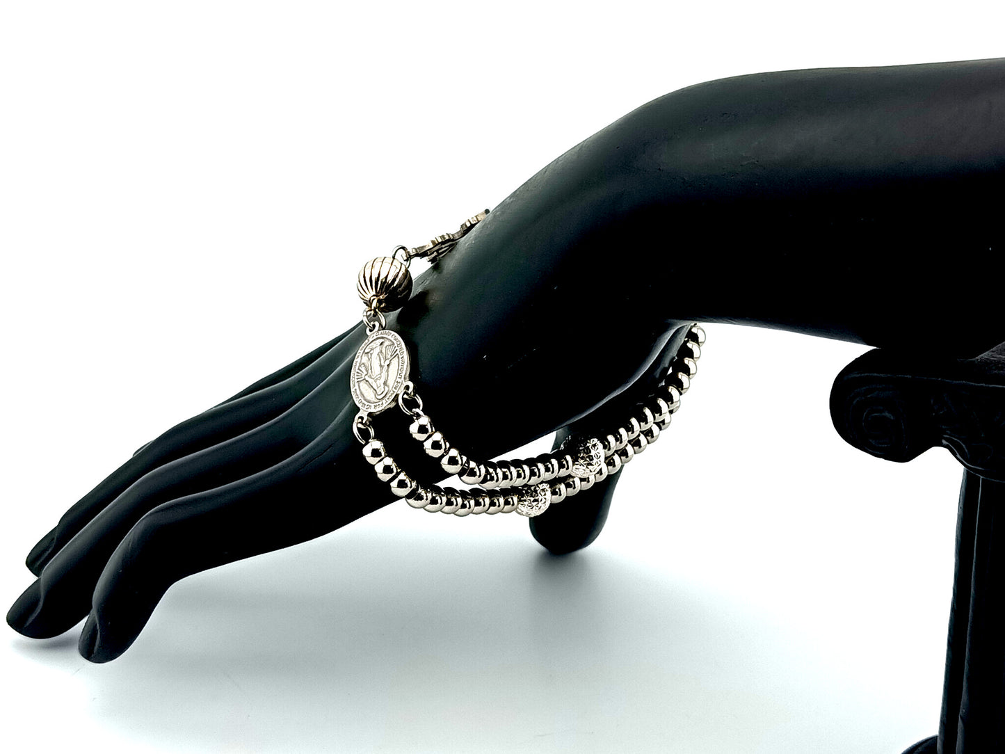 Miraculous Medal unique rosary beads 925 sterling silver and stainless steel 5 decade rosary bracelet with filigree linking cross.